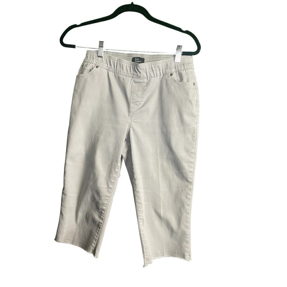 Kim Rogers Gray Capri Pants Women Size 10P Raw Hem Elastic Waist Cotton Casual
